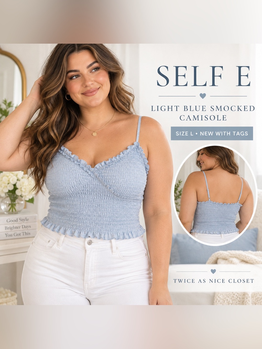 Smocked Light Blue Camisole with Ruffle Trim by ELF NEW L